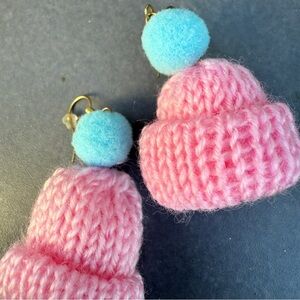 Handmade Knit Toque Earrings with Pom Pom - Pink and Blue